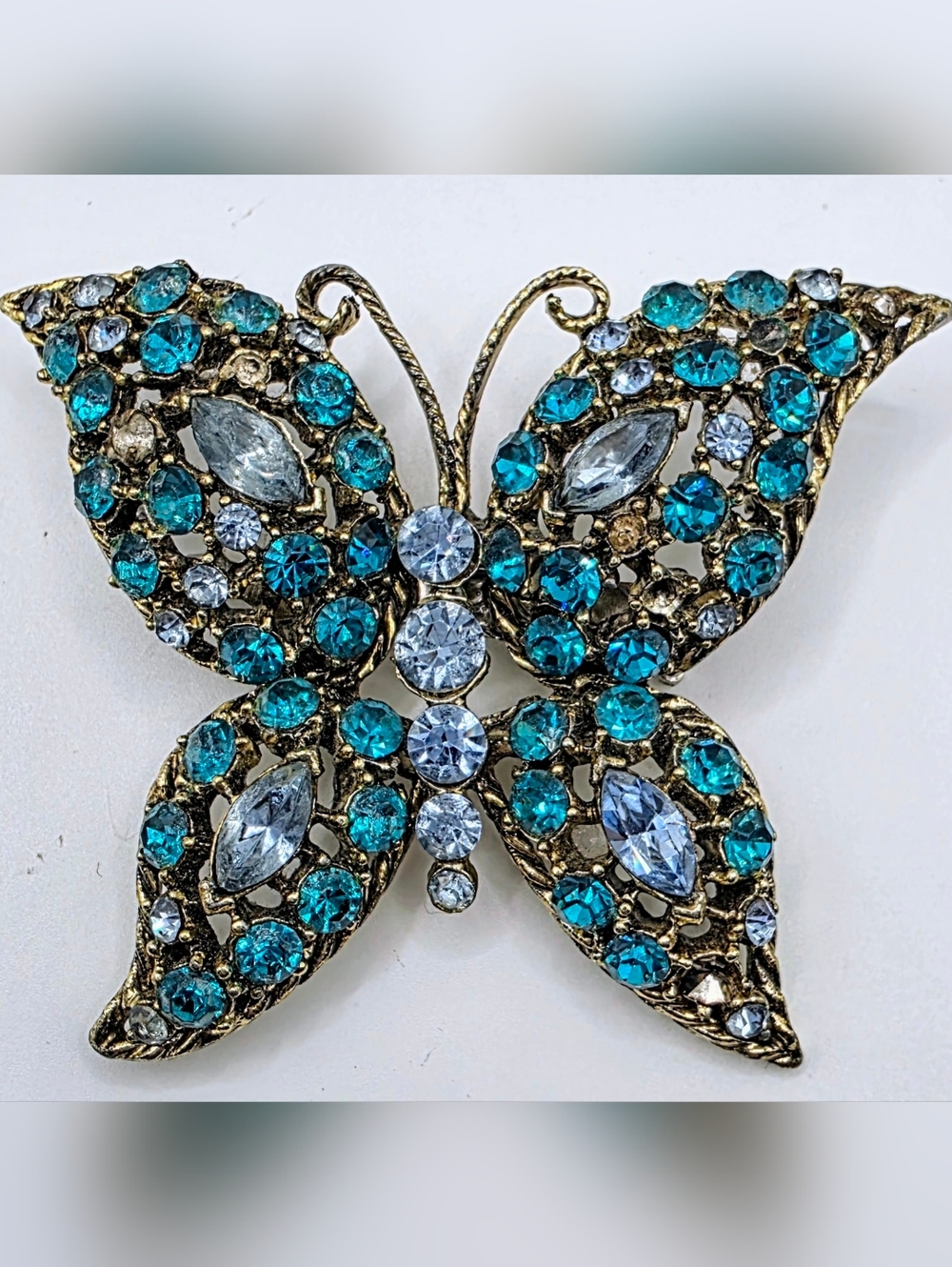 Vintage Butterfly Brooch Teal Rhinestone Gold Tone Statement Pin Large